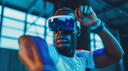 Man using vr headset with blue lighting in a modern setting with a determined expression on his face .