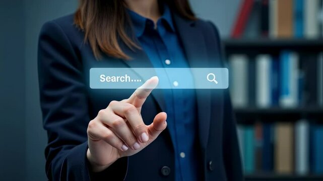 Woman Pointing at Search Bar While Holding Smartphone Representing SEO and Web Search Interface Concept

