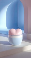 Fototapeta premium Light-filled, pastel-toned scene showcasing a heart-shaped cosmetic container. 