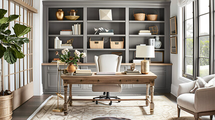 A bright home office with a large desk and chair facing built in shelves filled with decor items .
