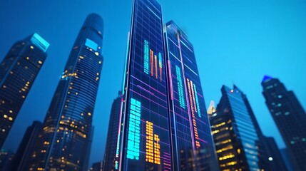 Obraz premium Data-centric skyline showcasing candlestick formations, Financial analysis interface floating above metropolitan structure