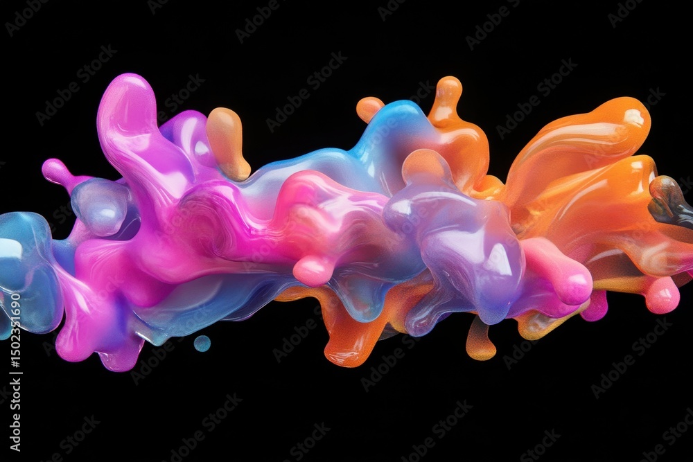 Poster colorful abstract liquid forms flowing dynamically on a black background, abstract of liquid on blac