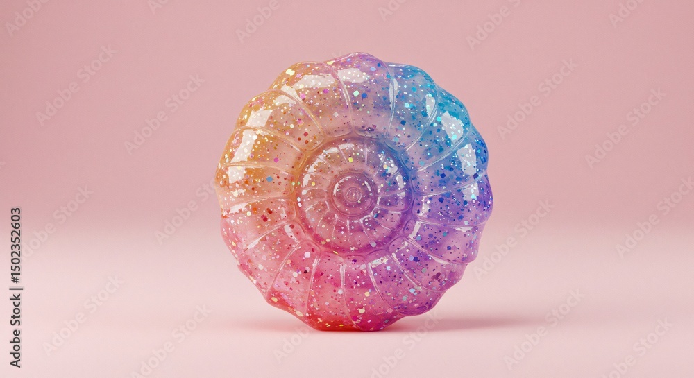 Poster iridescent seashell with glitter effect on a pink background creates a playful and magical underwate