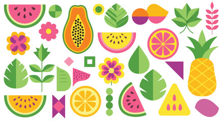 Geometric, Colorful and vibrant fruit graphic design featuring a variety of fresh fruits. Perfect for summer, healthy eating, and natural themes