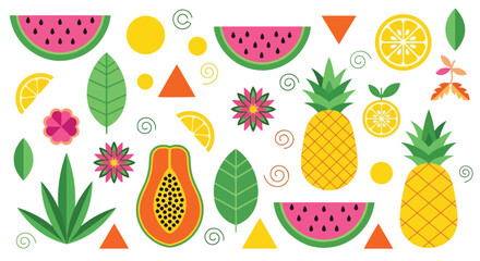 Geometric, Colorful and vibrant fruit graphic design featuring a variety of fresh fruits. Perfect for summer, healthy eating, and natural themes