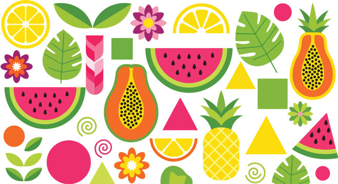 Geometric, Colorful and vibrant fruit graphic design featuring a variety of fresh fruits. Perfect for summer, healthy eating, and natural themes