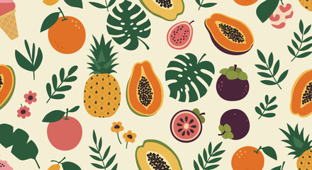 Vibrant seamless pattern with various tropical fruits and abstract leaves. Features pineapple, watermelon, avocado, and star fruit, and others. Perfect for summer designs