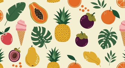 Vibrant seamless pattern with various tropical fruits and abstract leaves. Features pineapple, watermelon, avocado, and star fruit, and others. Perfect for summer designs