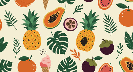 Vibrant seamless pattern with various tropical fruits and abstract leaves. Features pineapple, watermelon, avocado, and star fruit, and others. Perfect for summer designs