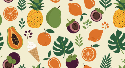 Vibrant seamless pattern with various tropical fruits and abstract leaves. Features pineapple, watermelon, avocado, and star fruit, and others. Perfect for summer designs