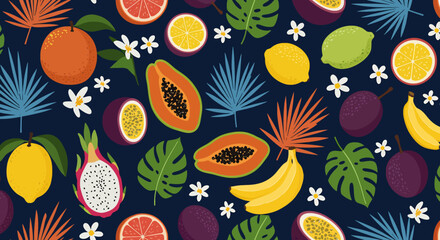 Vibrant seamless pattern with various tropical fruits and abstract leaves. Features pineapple, watermelon, avocado, and star fruit, and others. Perfect for summer designs