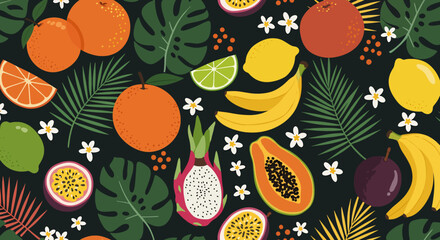 Vibrant seamless pattern with various tropical fruits and abstract leaves. Features pineapple, watermelon, avocado, and star fruit, and others. Perfect for summer designs