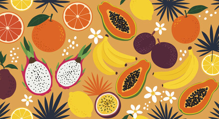 Vibrant seamless pattern with various tropical fruits and abstract leaves. Features pineapple, watermelon, avocado, and star fruit, and others. Perfect for summer designs