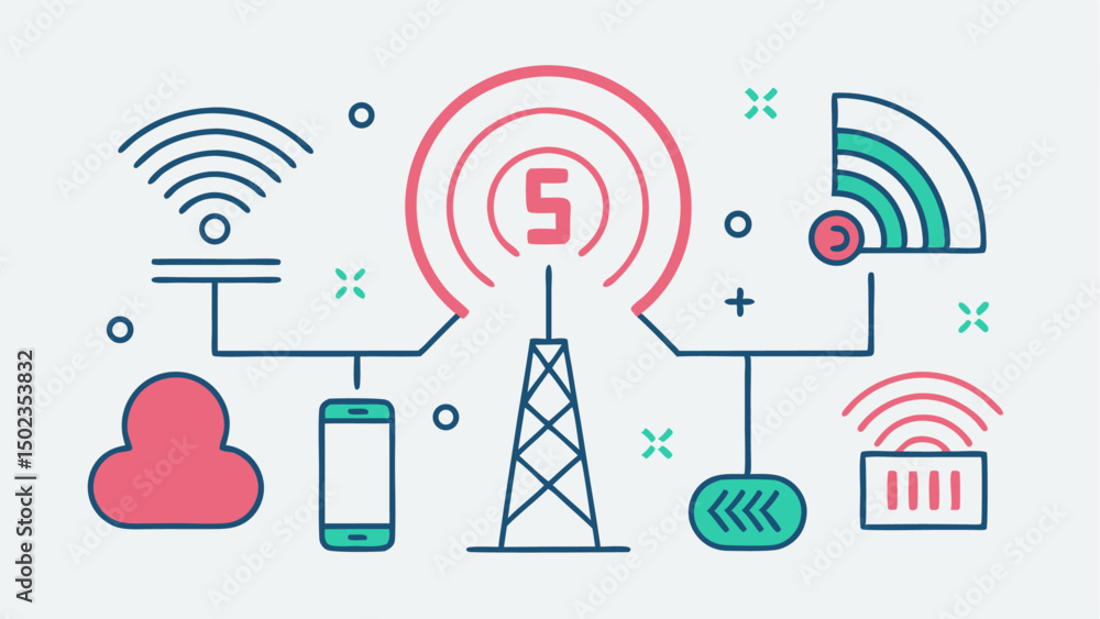 Poster editable 5g vector icon set with stroke style featuring various 5g symbols ideal for tech infographi