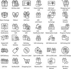 Gift Icons Vector Set, Outline Style, Isolated on White Background