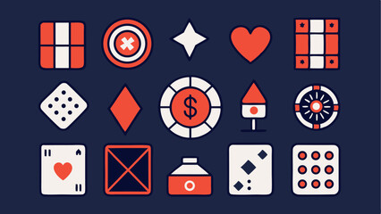 Casino-themed stroke icon collections featuring bingo cards chips and other gambling elements perfect for gaming apps entertainment sites and casino branding