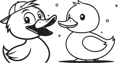 Cute cartoon penguin and snowman with fun yellow ducklings in a snowy scene