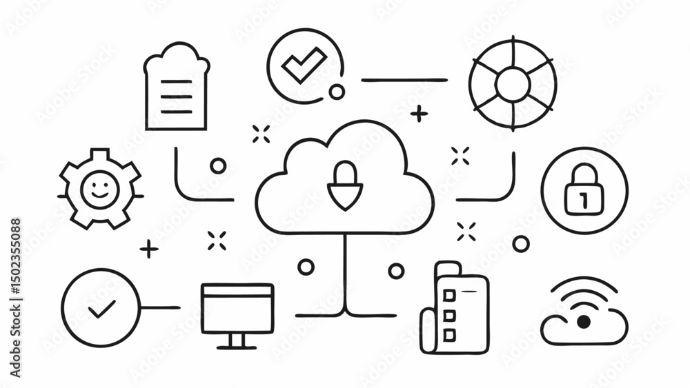 Poster cloud computing stroke icons featuring data servers storage symbols cloud upload download visuals id