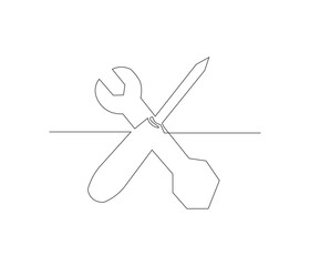 One continuous line drawing of pliers, screwdriver, wrench, hammer. single line illustration of mechanical tools. editable outline