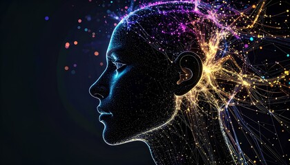 Obraz premium Symphony of Thought: Abstract Androgynous Face Dissolving into a Network of Glowing Fiber Optic Streams