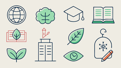 Educational stroke icon collection showcasing symbols related to science nature geography and learning tools perfect for school materials and e learning graphics