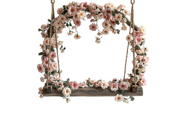 Rectangular wooden frame with rope suspension adorned with delicate pink and white cosmos flowers cascading naturally, isolated on a transparent background