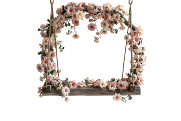 Rectangular wooden frame with rope suspension adorned with delicate pink and white cosmos flowers cascading naturally, isolated on a transparent background