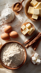 A beautifully arranged set of baking ingredients on a marble surface, including flour in a wooden bowl, cracked eggs, butter cubes, sugar, and cinnamon sticks with soft natural.