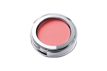 Silver chrome compact with coral-pink blush powder, luxurious reflective finish and professional quality appearance, isolated on a transparent background