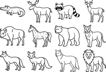 Animals Line Art Collection Wolf, Biso,n Hors,e Dee,r Raccoon, Bear, Commercial Use