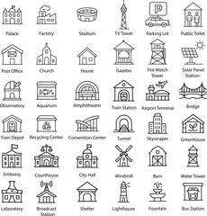 Architecture Buildings Icons Set, Vector Illustration.
