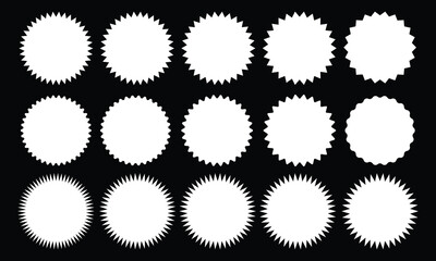 Sunburst sticker shapes. Rounded starburst zigzag badge, spiky oval, circle and star shaped price tag, discount and sale label stickers. Jagged silhouettes vector set. Eps 10.