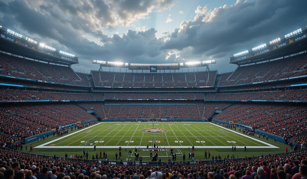 Wide angle view of a packed American football stadium before a game. Dramatic sky, anticipation is high!