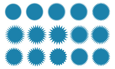 Sunburst sticker shapes. Rounded starburst zigzag badge, spiky oval, circle and star shaped price tag, discount and sale label stickers. Jagged silhouettes vector set. Eps 10.