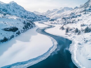 Frozen river winding through a snowy mountain valley, Generative AI