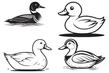 Two ducks and ducklings illustration on white background with farm and wild birds