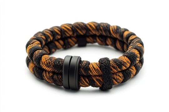 paracord bracelet with built-in fire starter isolated on white background