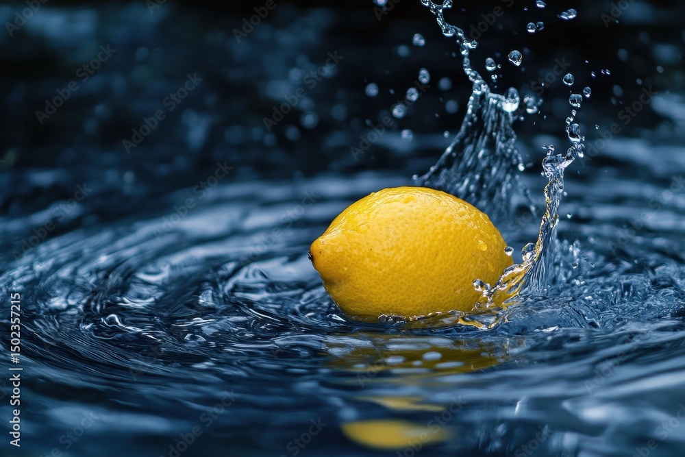 Poster lemon drops into water, creating ripples and splashes in a refreshing display of nature's beauty, le