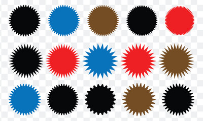 Set sunburst badges. Set of vector starburst, sunburst badges. Simple flat style vintage labels, stickers. Collection star label. Eps 10.