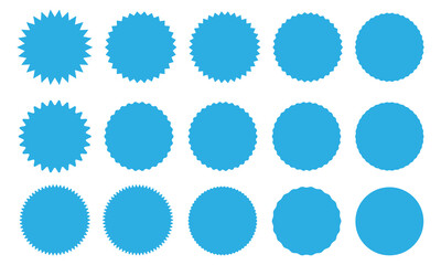 Sunburst sticker shapes. Rounded starburst zigzag badge, spiky oval, circle and star shaped price tag, discount and sale label stickers. Jagged silhouettes vector set. Eps 10.