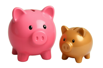 Adorable pink and gold piggy banks symbolize saving money, financial growth, and secure investments for future prosperity .(PNG/White Background)