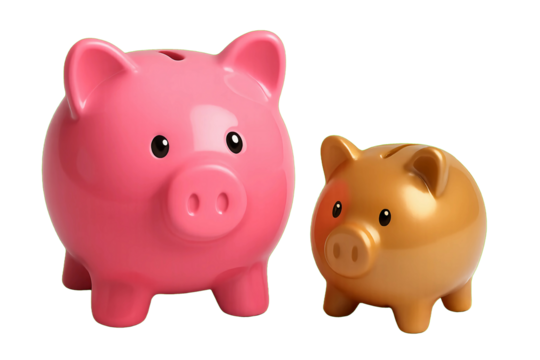 Adorable pink and gold piggy banks symbolize saving money, financial growth, and secure investments for future prosperity .(PNG/White Background)