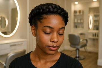 Relaxed woman with braided hair sitting at modern salon, calm and serene atmosphere