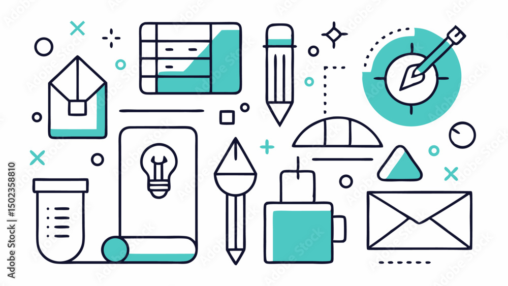 Poster design and creative stationery stroke icons for ui ux projects featuring sketch tools, software symb