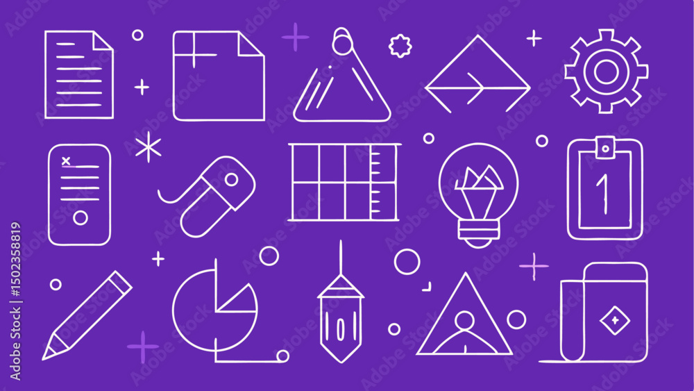 Poster ui ux design and art icon set in stroke style including creative tools, software items, and statione