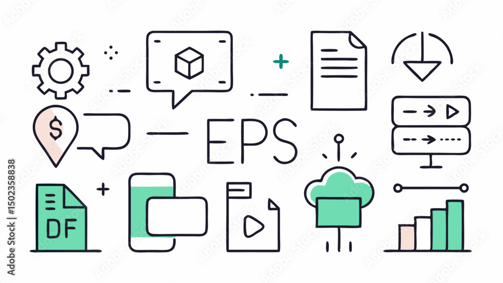 Poster stroke icon collection showing various design file formats such as vector files, scalable options, a