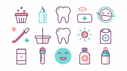 Oral care stroke icon set highlighting toothbrushes, toothpaste, and hygiene tools for dentist websites, medical brochures, and dental awareness campaigns