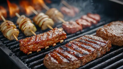 Charcoal grill packed with ribs, skewers, and burgers, smoky clouds rising in the air
