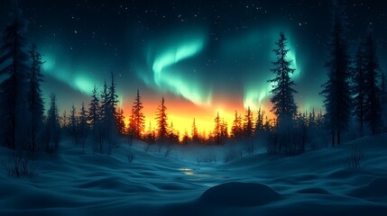 Aurora Borealis paints a winter landscape