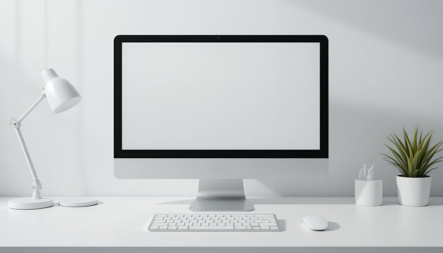 Minimalist modern workspace with blank computer screen lamp and plant on white desk